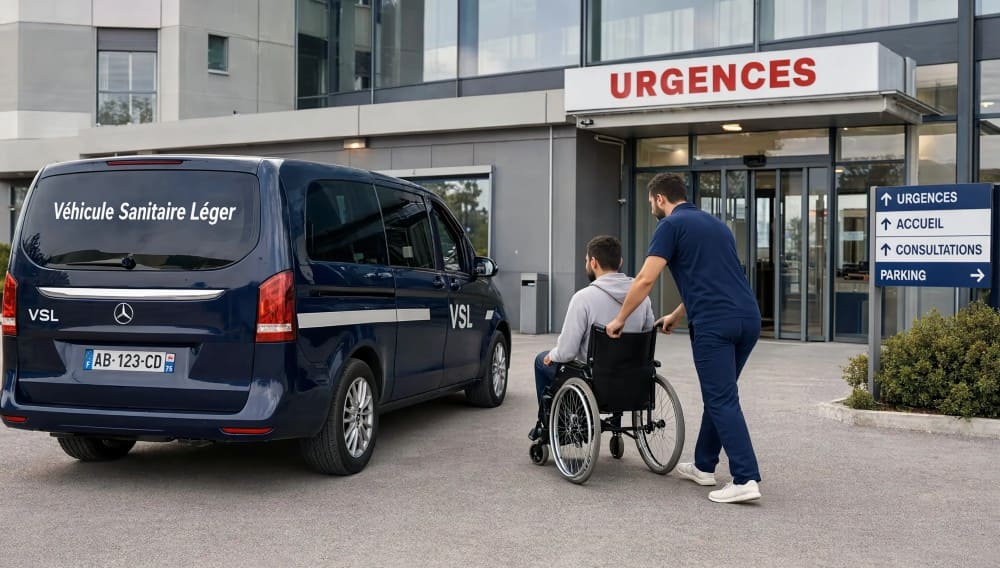 Ambulancier qui déplace un patient en fauteuil roulant devant l'hôpital