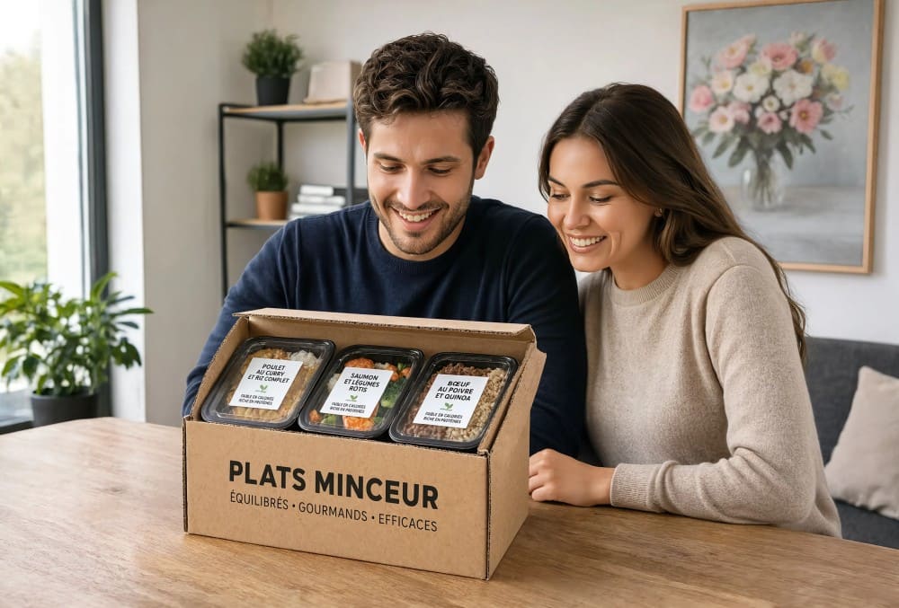 Couple découvrant le colis de repas préparés à chez eux