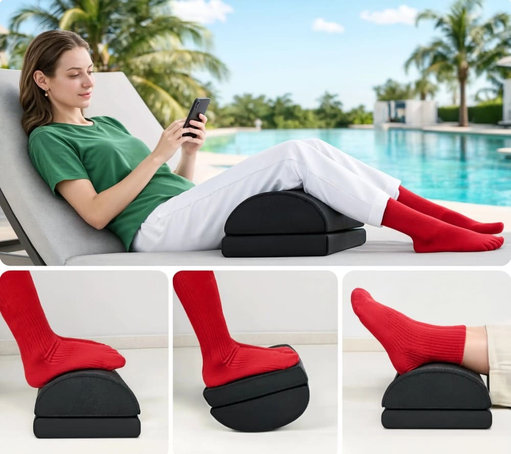 Femme sur son téléphone utilisant un repose-pieds
