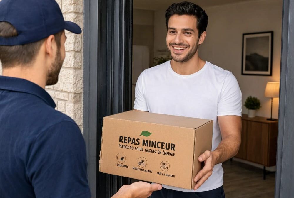 Homme brun qui reçoit son colis de plats minceur à domicile