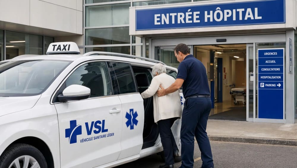 Ambulancier qui aide une vieille dame à monter dans le VSL