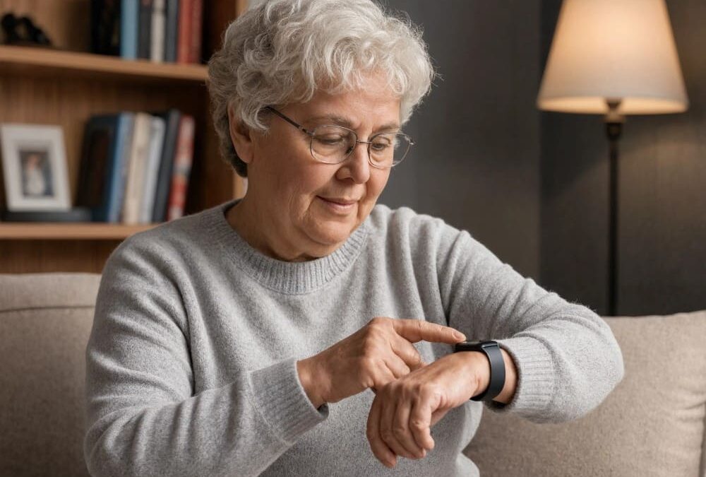 Femme malvoyante qui utilise sa montre parlante