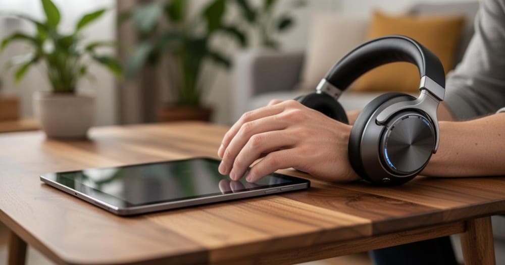 Homme faisant un test auditif en ligne avec sa tablette et son casque