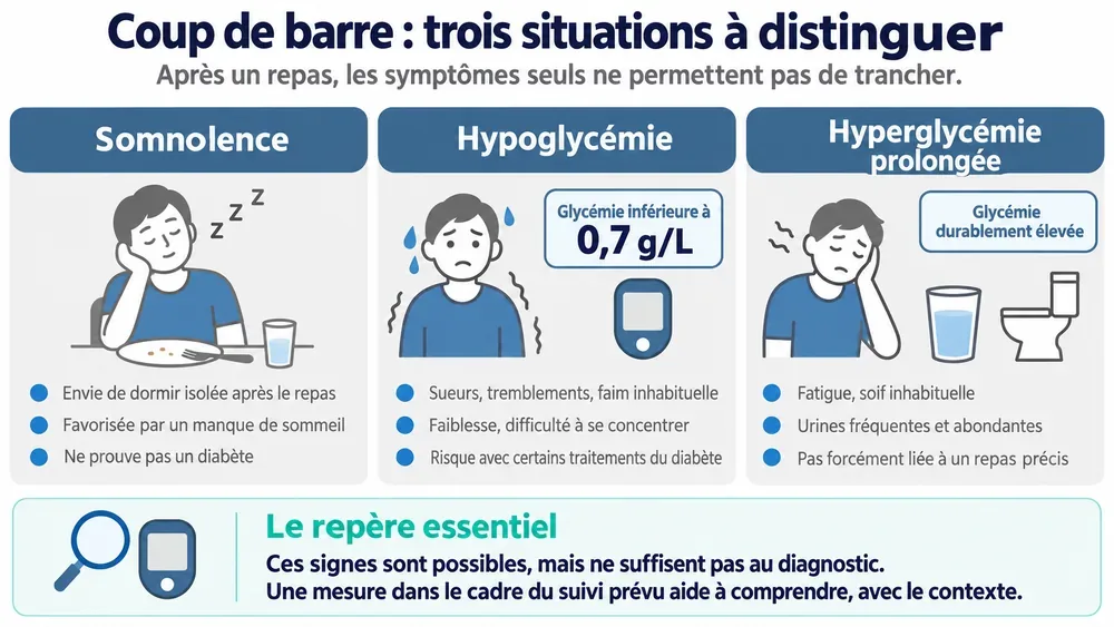 Coup de barre : trois situations à distinguer. Après un repas, les symptômes seuls ne permettent pas de trancher.
