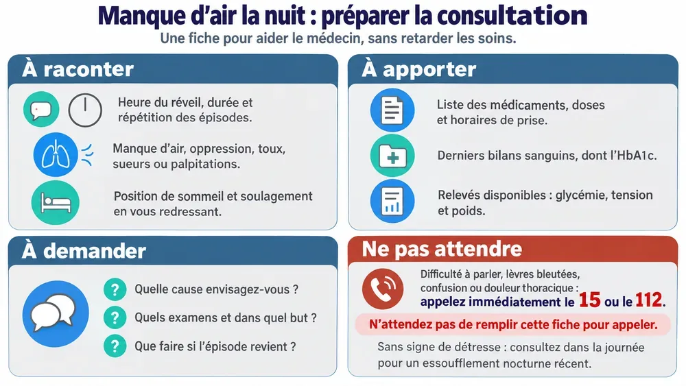 Manque d’air la nuit : préparer la consultation. Une fiche pour aider le médecin, sans retarder les soins.