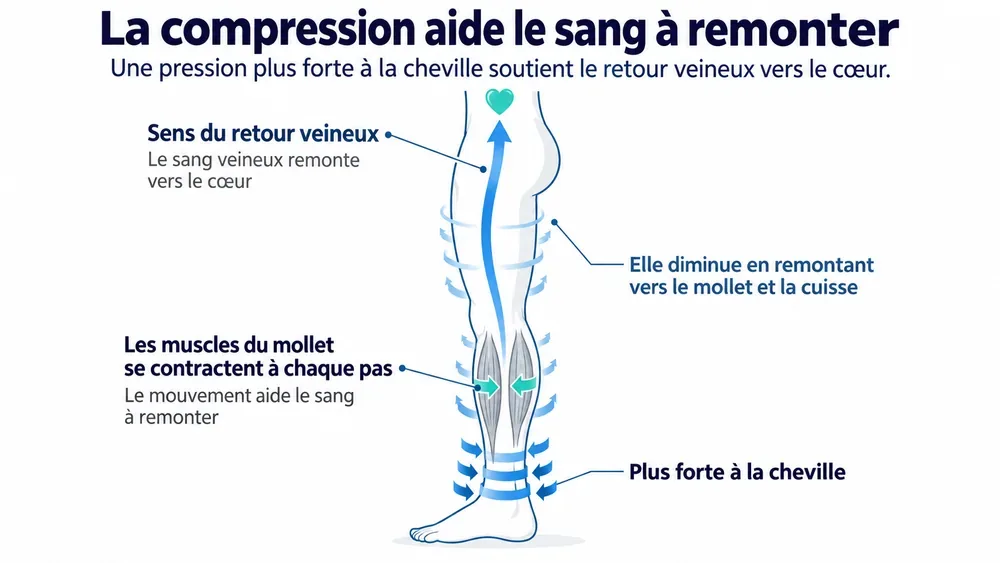 La compression aide le sang à remonter : une pression plus forte à la cheville soutient le retour veineux vers le cœur.