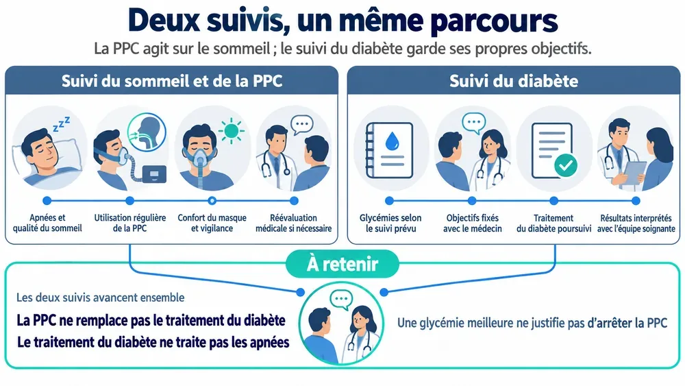 Deux suivis, un même parcours : la PPC agit sur le sommeil ; le suivi du diabète garde ses propres objectifs.