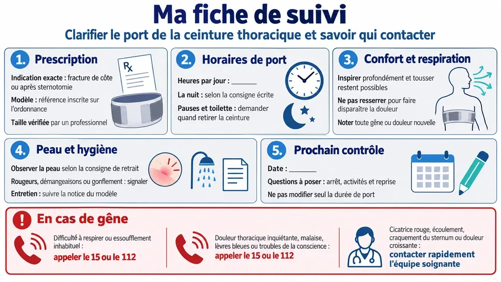 Ma fiche de suivi : clarifier le port de la ceinture thoracique et savoir qui contacter