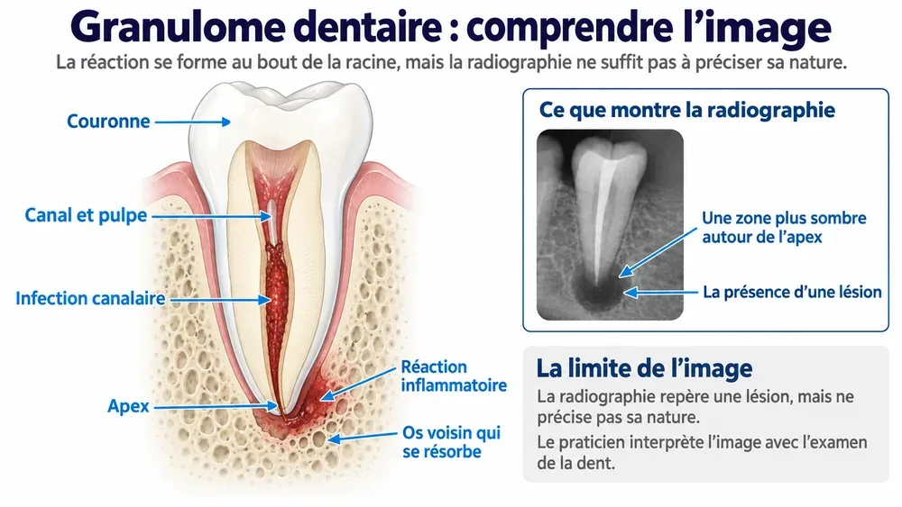 Granulome dentaire : comprendre l’image. La réaction se forme au bout de la racine, mais la radiographie ne suffit pas à préciser sa nature.