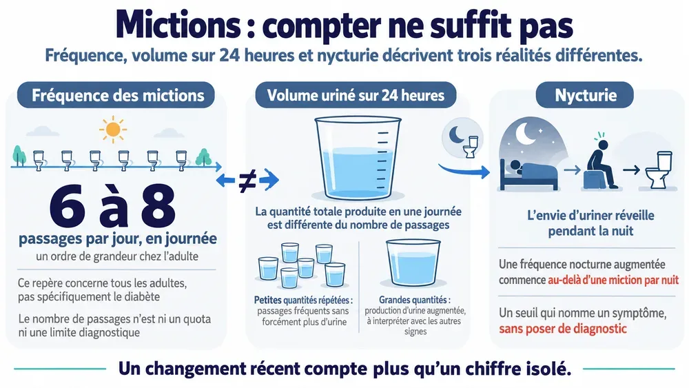 Mictions : compter ne suffit pas. Fréquence, volume sur 24 heures et nycturie décrivent trois réalités différentes.