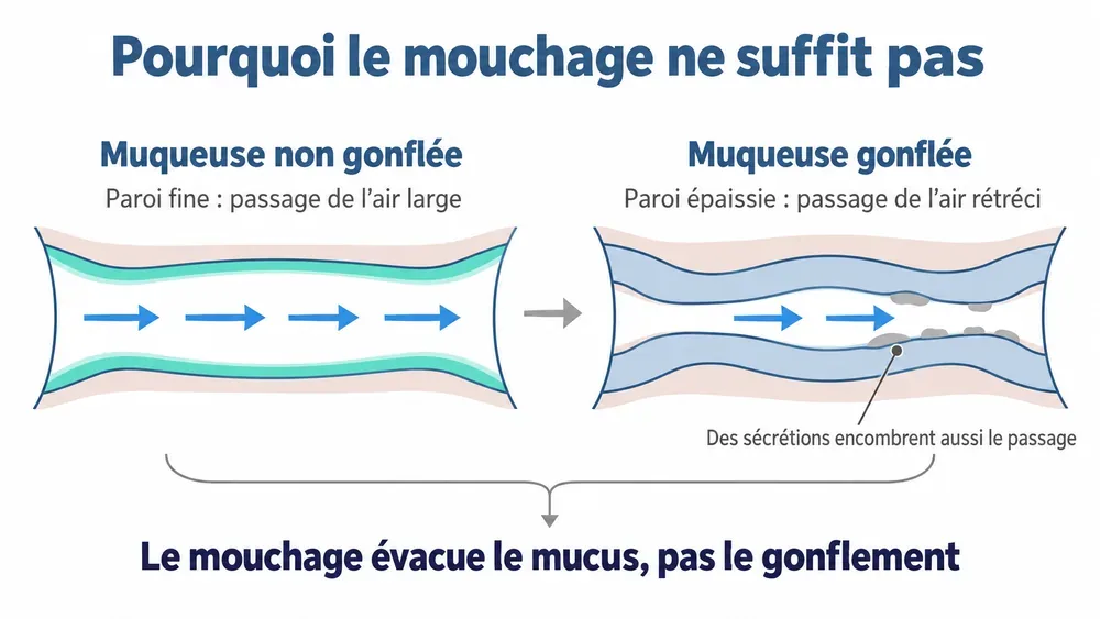 Muqueuse gonflée : l’air passe moins bien. Le mucus s’évacue, mais le gonflement rétrécit encore le passage