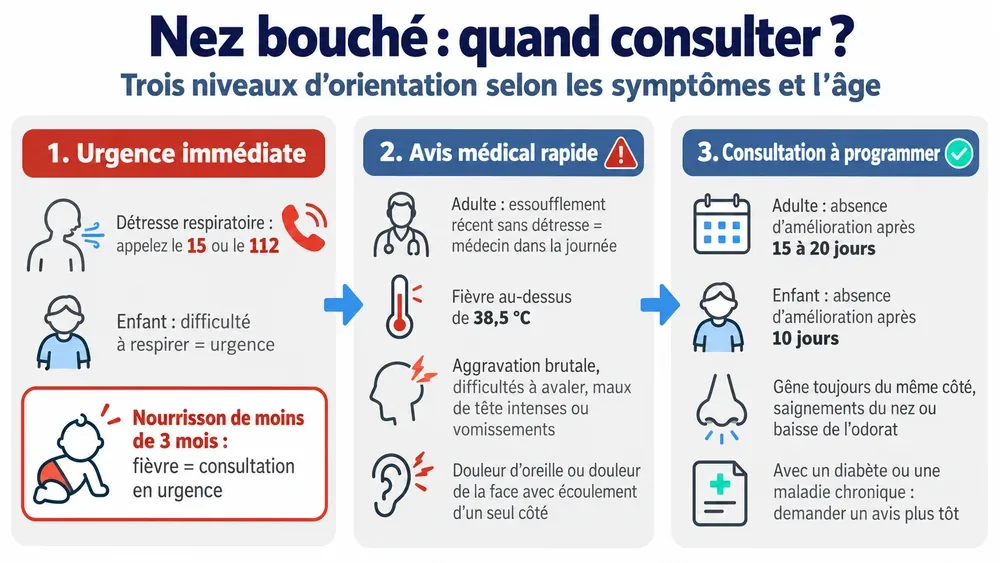 Nez bouché : quand consulter ?. Trois niveaux d’orientation selon les symptômes et l’âge
