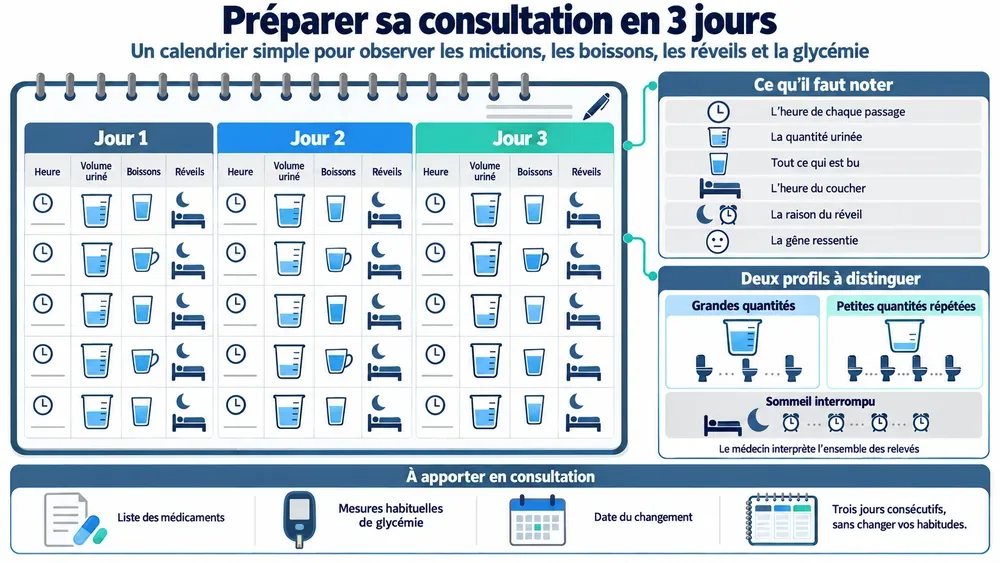 Préparer sa consultation en 3 jours : un calendrier simple pour observer les mictions, les boissons, les réveils et la glycémie