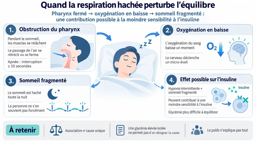 Quand la respiration hachée perturbe l’équilibre. Pharynx fermé → oxygénation en baisse → sommeil fragmenté : une contribution possible à la moindre sensibilité à l’insuline