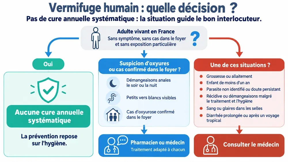 Arbre de décision : pas de cure annuelle systématique, la situation oriente vers le bon interlocuteur